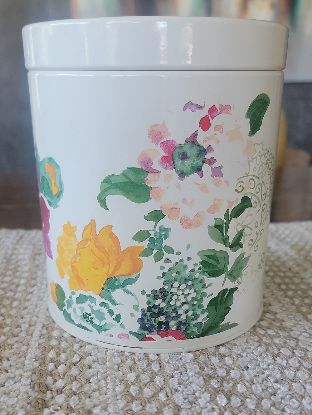 White Floral Ceramic Canister with Colorful Bouquet